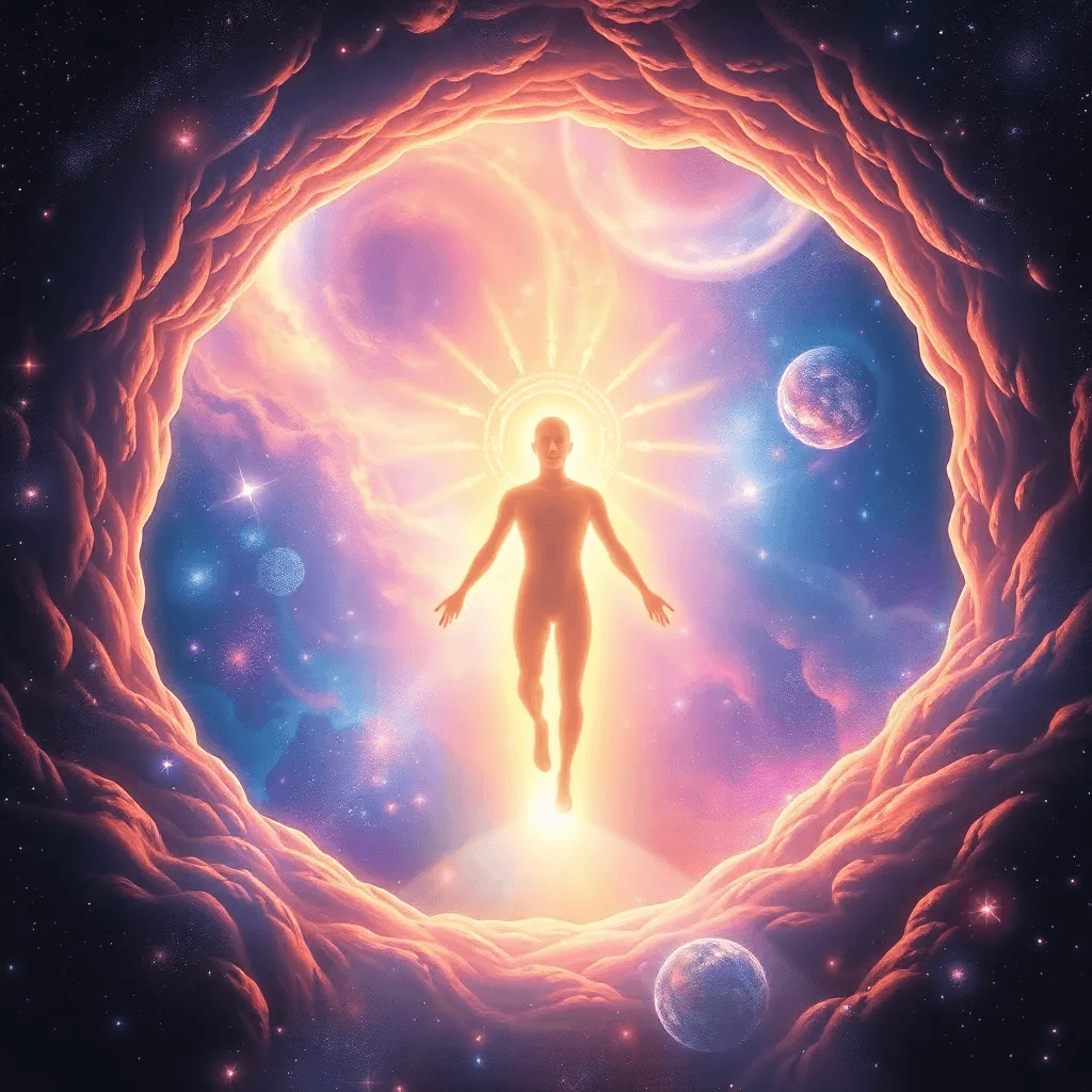 A glowing soul traveling through a wormhole, symbolizing the afterlife theory of the soul's journey to another universe.