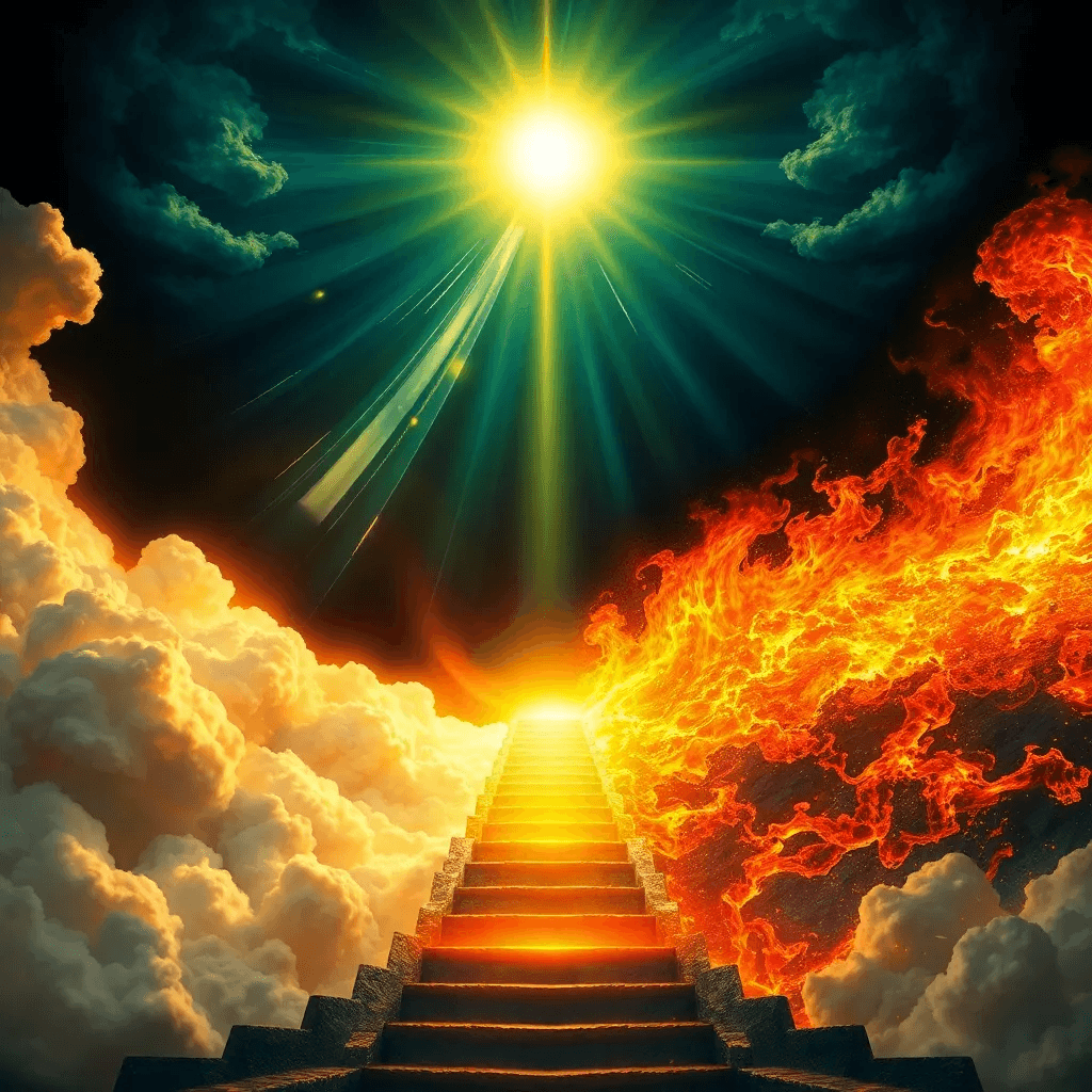 A dualistic image of Heaven and Hell, symbolizing the afterlife theory of eternal judgment and reward or punishment.