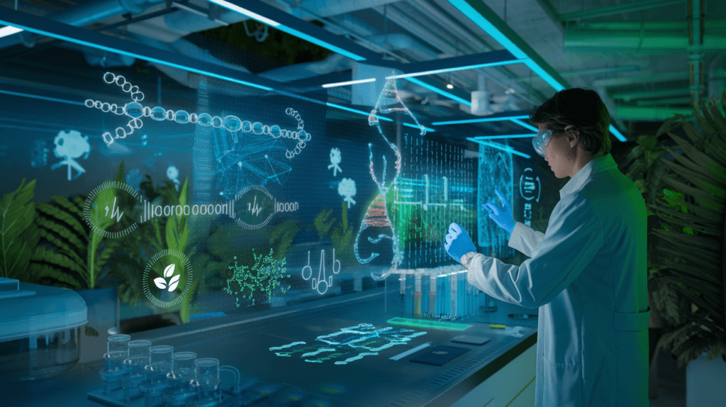 A vibrant depiction of synthetic biology applications, showcasing a futuristic lab environment with a researcher analyzing gene circuits on a glowing holographic screen, symbolizing the innovation driving health and sustainability breakthroughs.