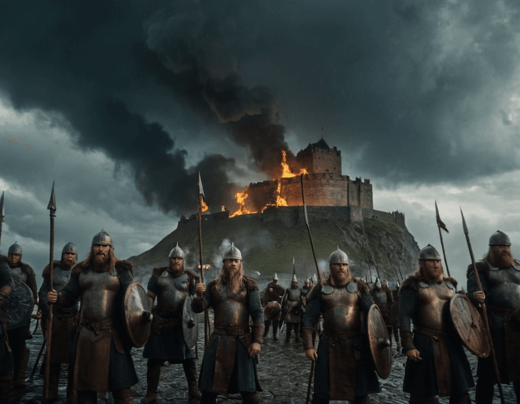 Siege of Paris: Fierce Viking Warriors armed with the standing before a Towering Fortress Beneath Swirling Storm Clouds, Torches Blazing in the Gloom, Evoking a Grand Sense of Impending Battle.