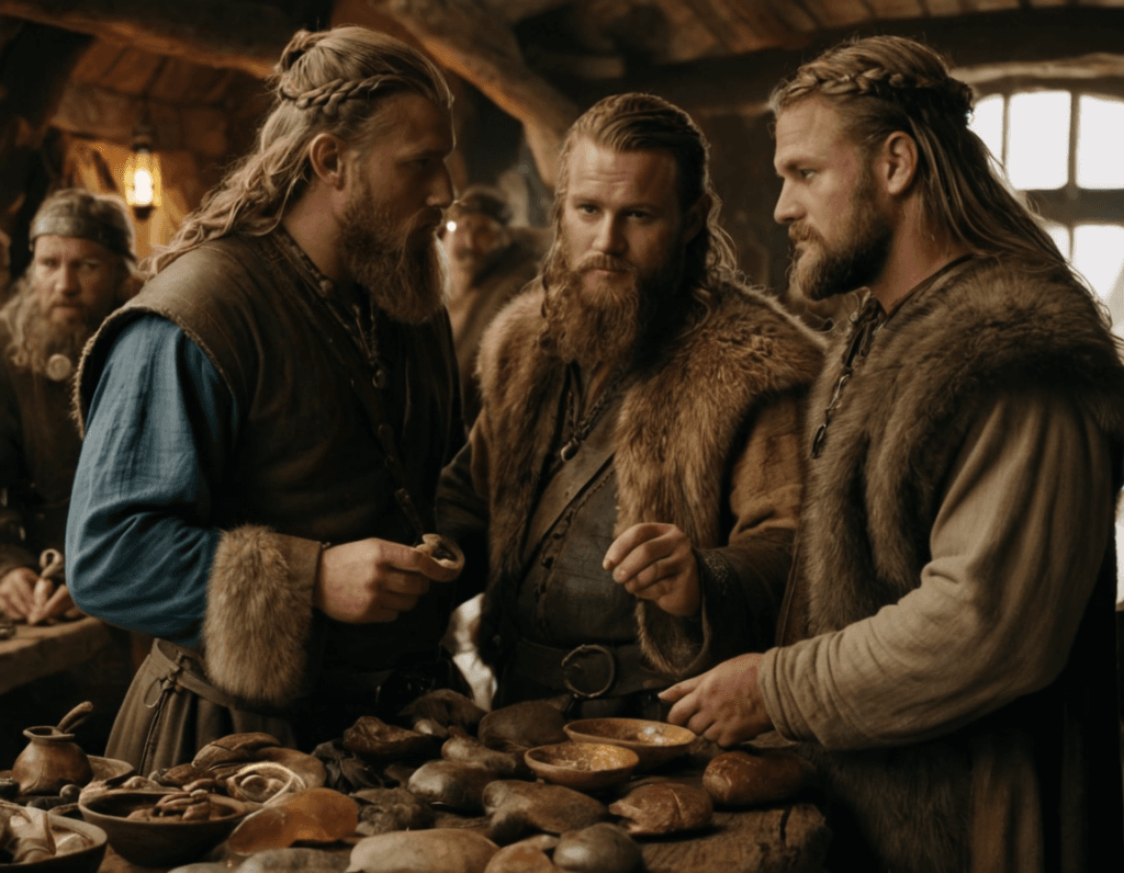 Norse traders exchanging fur and amber with local merchants, capturing both the commercial and raiding aspects of Viking life