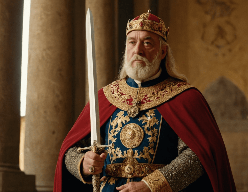 Charlemagne in regal attire holding a sword, symbolizing the grandeur and protective power of the Frankish Empire
