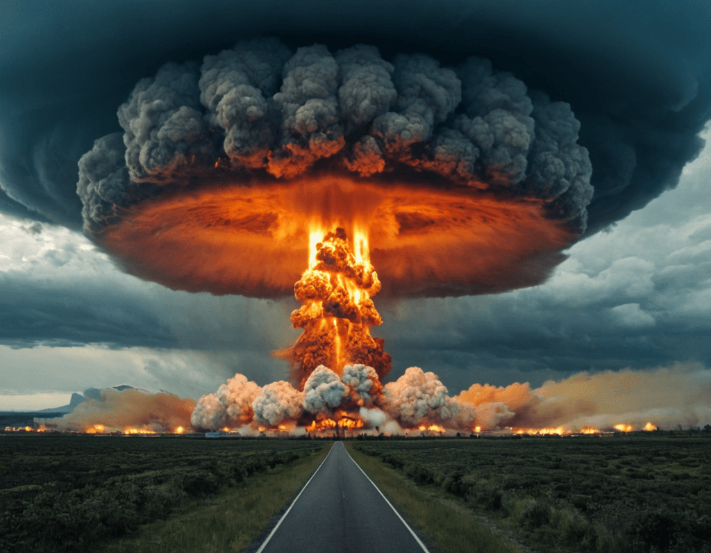 Showcase a spectacular, high-impact image that instantly conveys the magnitude of a nuclear armageddon scenario