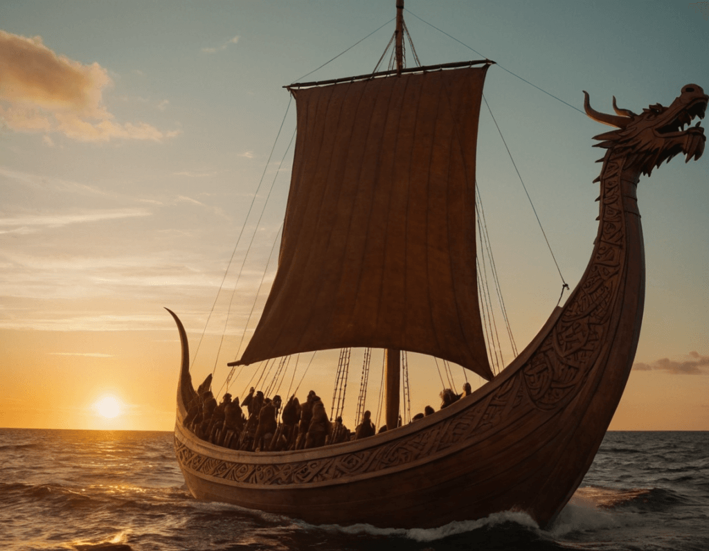 A carved Norse dragon-prow ship sailing away at dusk, representing the enduring impact of Viking expeditions on European history.