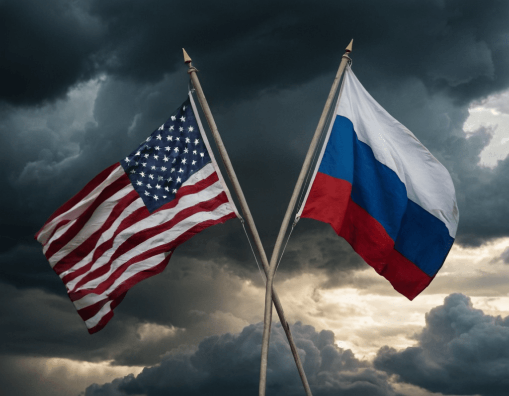 American and Russian flags torn and set against a backdrop of ominous clouds, symbolizing impending nuclear confrontation