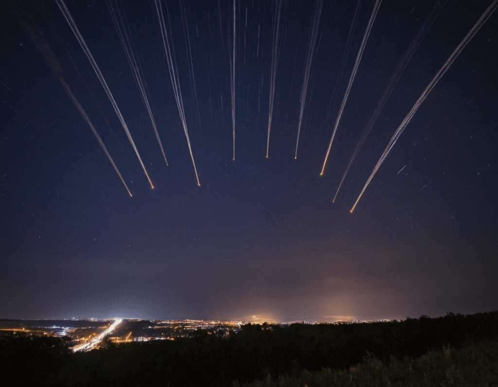 multiple missile trails streaking across the night sky, representing a worldwide nuclear exchange