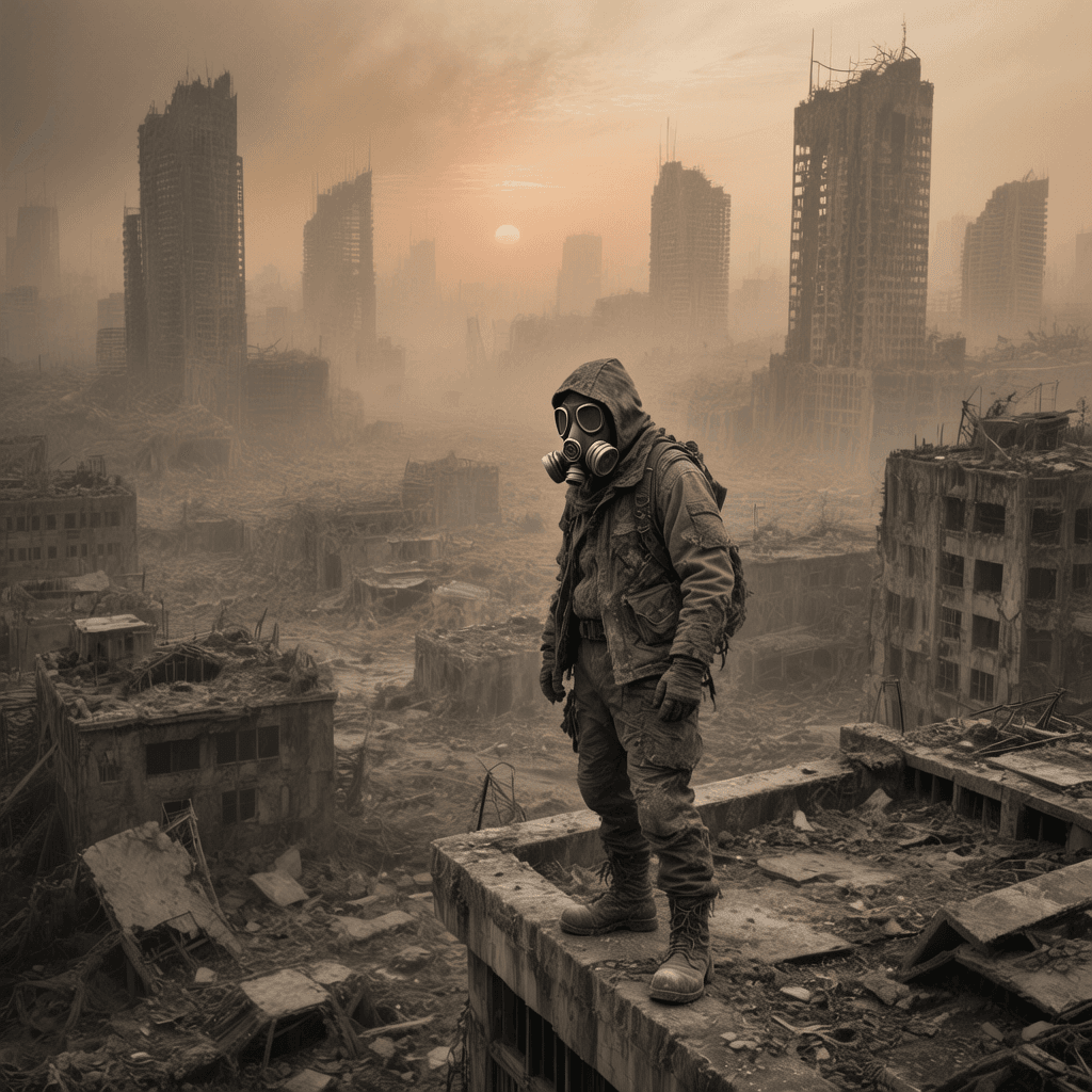 A lone survivor in a gas mask looks out at a desolate city, illustrating a modern nuclear armageddon scenario.