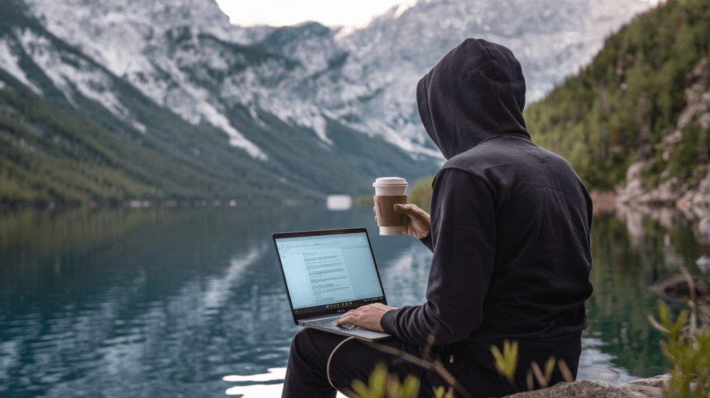 A digital nomad working on a laptop in a European city, showcasing the freedom of remote work and the vibrant culture of Europe.