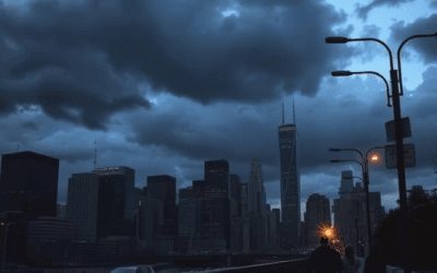 Urban survival: City skyline at dusk with flickering lights and people hurrying, hinting at an impending urban crisis