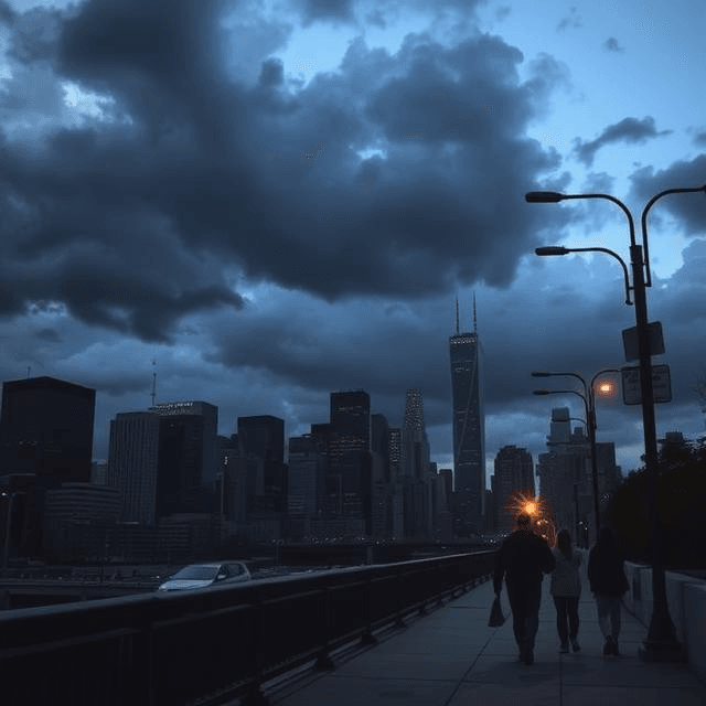 Urban survival: City skyline at dusk with flickering lights and people hurrying, hinting at an impending urban crisis