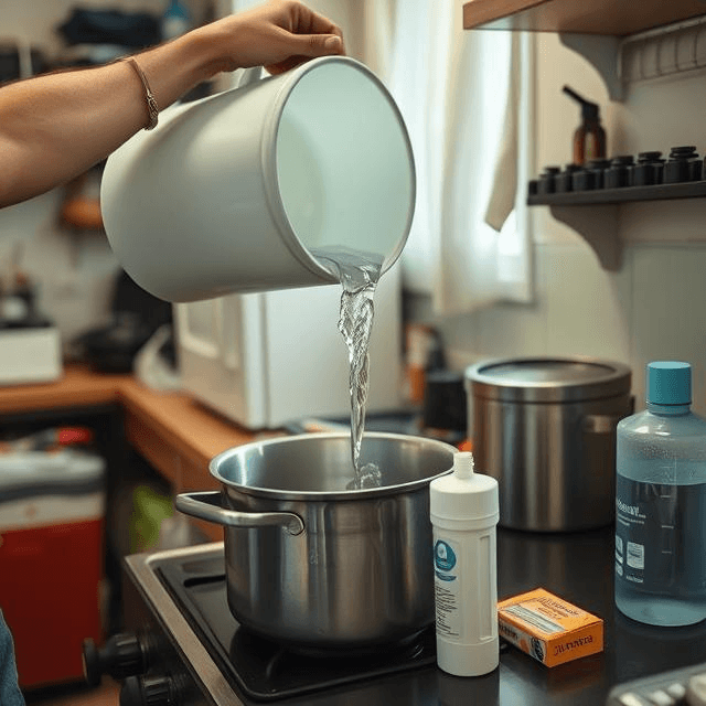 Person purifying rainwater in an urban apartment kitchen with a pot, tablets, and filter on the counter