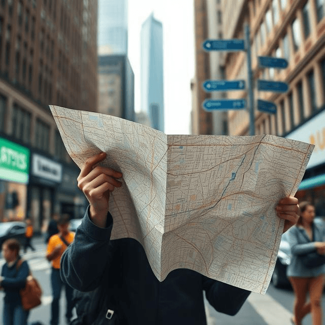 Person with a paper map navigating a busy city intersection surrounded by skyscrapers and pedestrians
