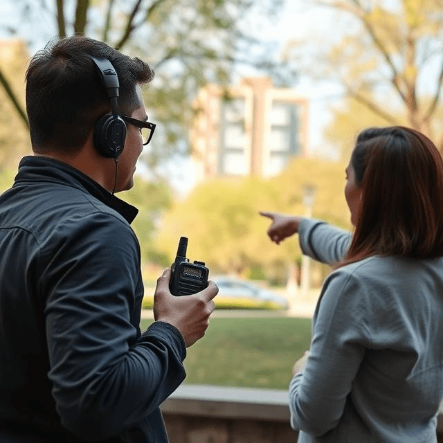 Two people in an urban park, one using a walkie-talkie while the other points to a distant building