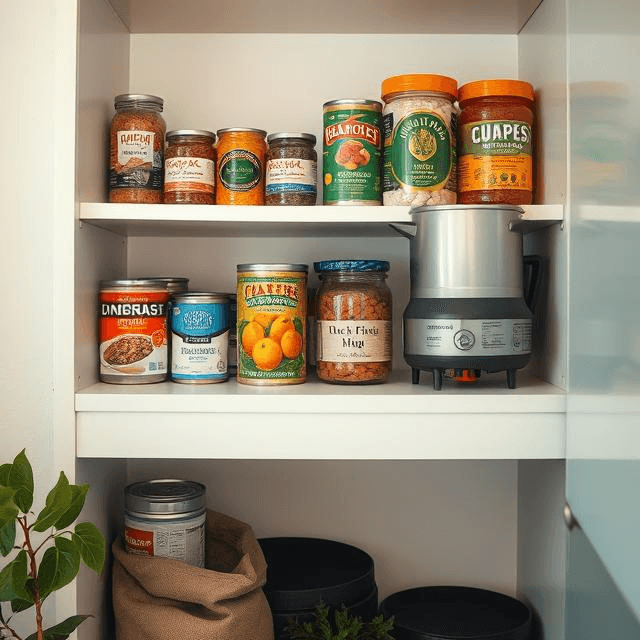 Person lighting a camp stove next to a shelf of canned goods and dried fruits in a small urban apartment.