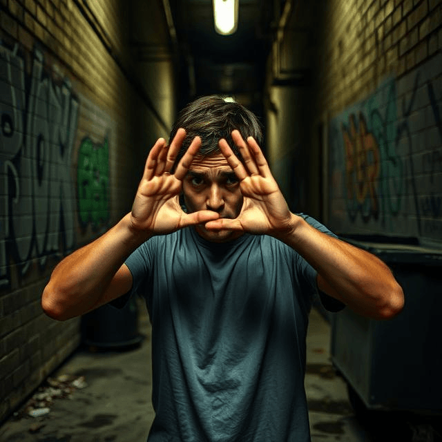 Person practicing self-defense in a dimly lit urban alley with graffiti and a dumpster nearby