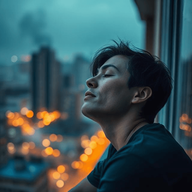 Person meditating on an urban balcony, staying calm amidst blurred city lights and smoke below