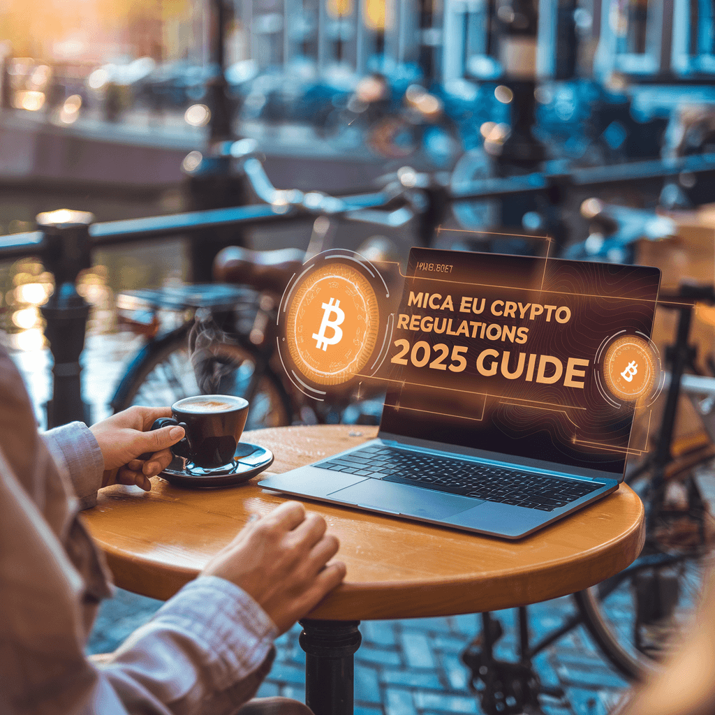 MiCA EU crypto regulations 2025 guide with virtual wallet in Amsterdam café, showcasing crypto laws in a vibrant setting.
