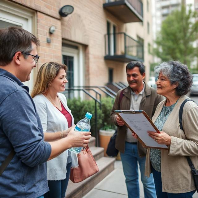 Neighbors collaborating outside an urban apartment, one sharing water and another holding a clipboard