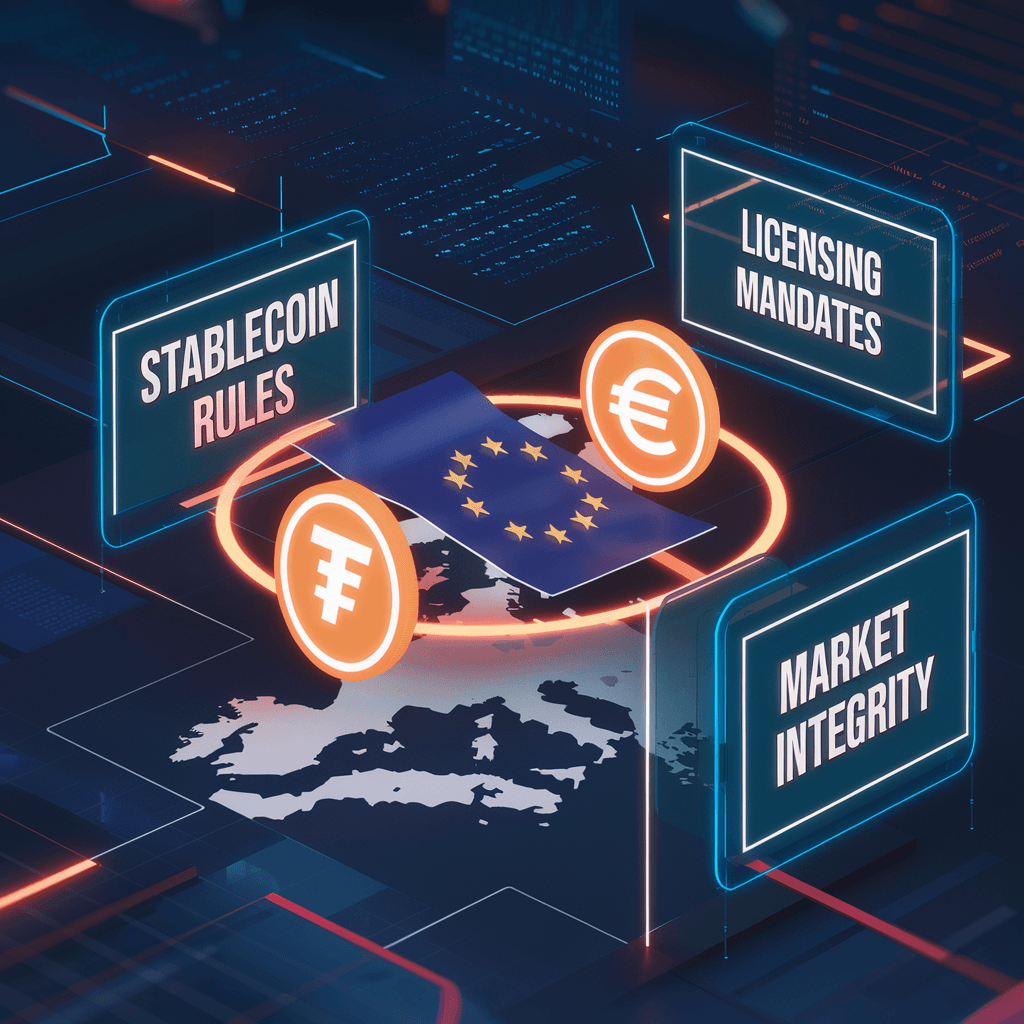 Markets in Crypto-Assets rules shape stablecoin regulations in 2025 EU, illustrated with a futuristic dashboard and EU flag.