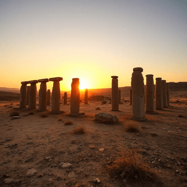 Lost civilizations mysteries unfold at Göbekli Tepe with ancient stone pillars in a sunset glow.