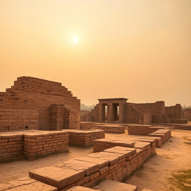 Lost civilizations mysteries linger in Mohenjo-Daro’s ancient ruins beneath a golden sky.”
