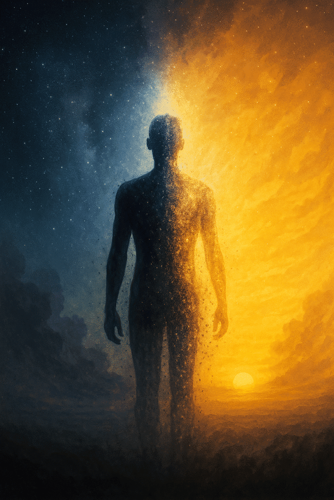 A silhouette dissolving into light, symbolizing spiritual awakening and transformation