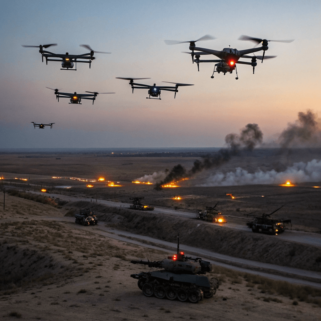 Drone swarms deploying over modern battlefield in military combat