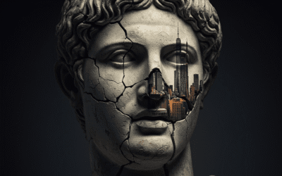A Roman statue's face cracks, revealing a modern city, illustrating the signs of society collapse throughout history.