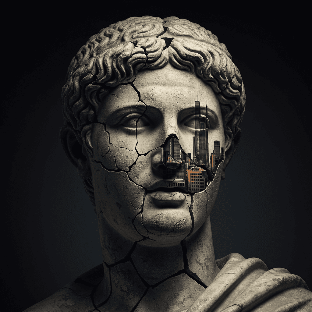 A Roman statue's face cracks, revealing a modern city, illustrating the signs of society collapse throughout history.