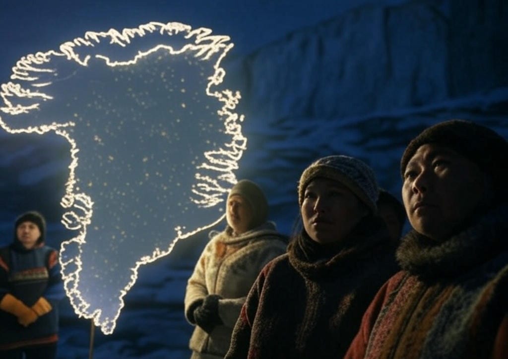 Greenland annexation: A cinematic glowing map of Greenland shines brightly, surrounded by shadowy icy cliffs and defiant Inuit protesters, capturing the tension of geopolitical threats and local resistance.