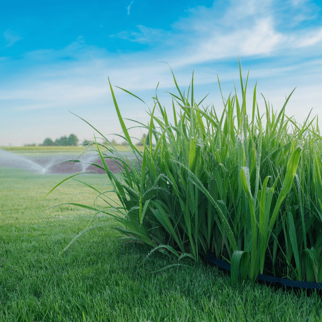 green lawn: A lush green lawn with tall fescue grass and a rain barrel, showing low-water yard tricks in a sunny, drought-aware setting