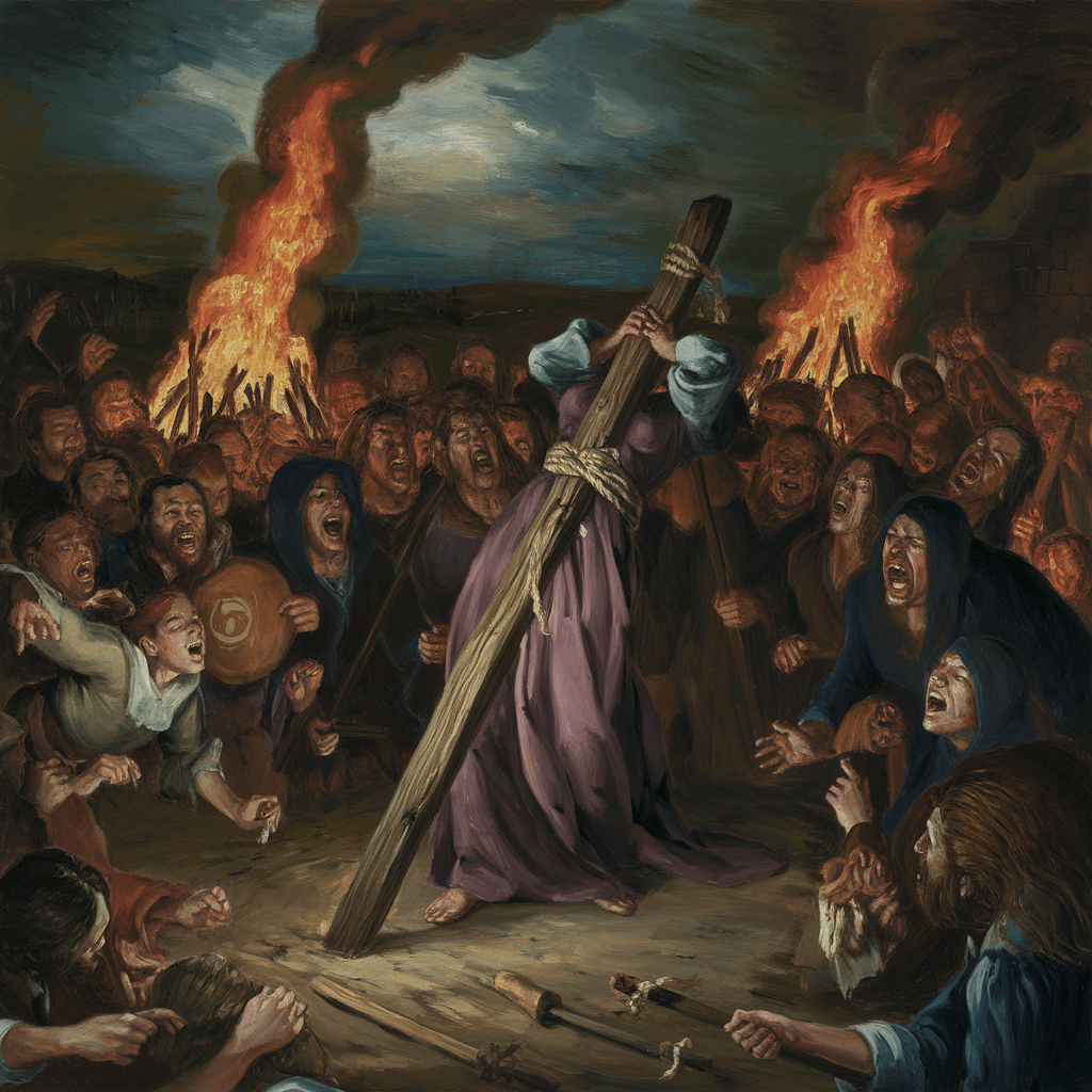 Medieval woman bound to a stake during 1428 witch trials, flames rising as a mob accuses her of witchcraft and sorcery.