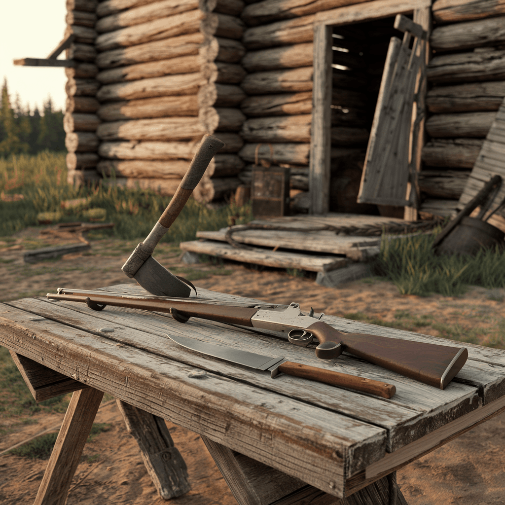 Frontier weapons and survival tools including tomahawk, Bowie knife, and Winchester rifle on a rustic table.