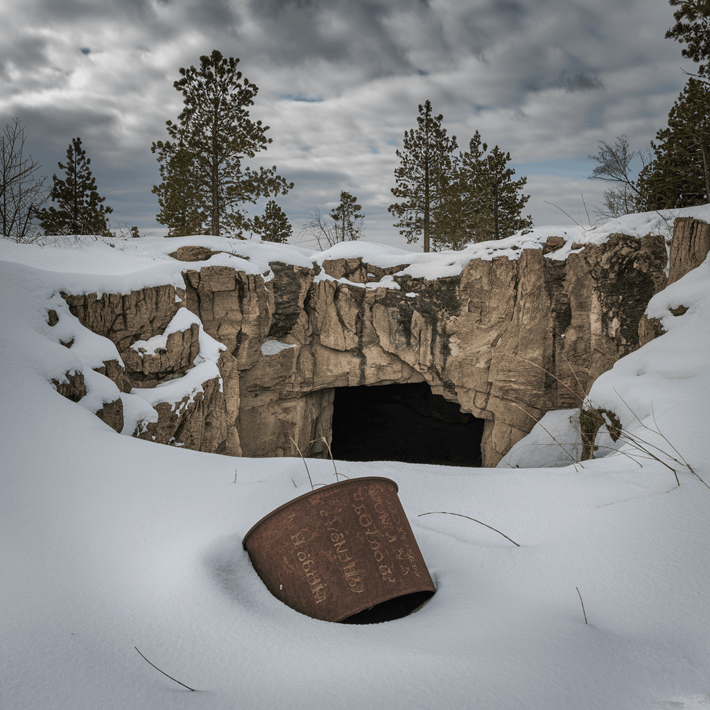 Jesse James lost treasure cave in Oklahoma with engraved bucket marker.