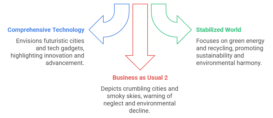 Three-panel artwork comparing MIT report society collapse scenarios: Comprehensive Technology with advanced tech, Stabilized World with sustainability, and Business as Usual 2 showing societal collapse from the MIT study society collapse.