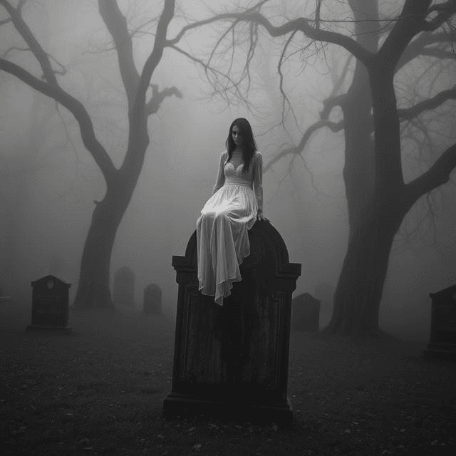 A ghostly figure in white sits on a gravestone in the foggy, haunted Bachelor’s Grove Cemetery, surrounded by eerie trees.