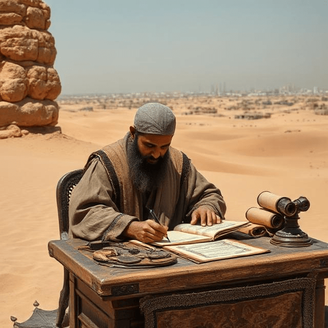 Ibn Khaldun exploring human diversity and social cohesion in The Muqaddimah amidst a desert and city backdrop.