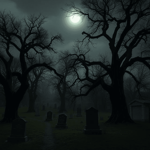 A spooky dusk scene of Bachelor’s Grove Cemetery haunted by a glowing orb, surrounded by twisted trees and old gravestones.
