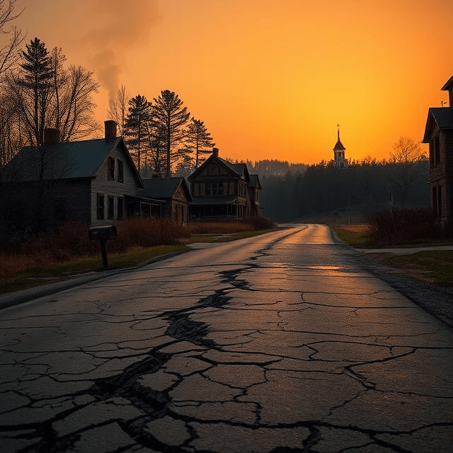 Smoky Centralia street with crumbling homes under an orange sky, showing the Centralia fire in a Pennsylvania ghost town.