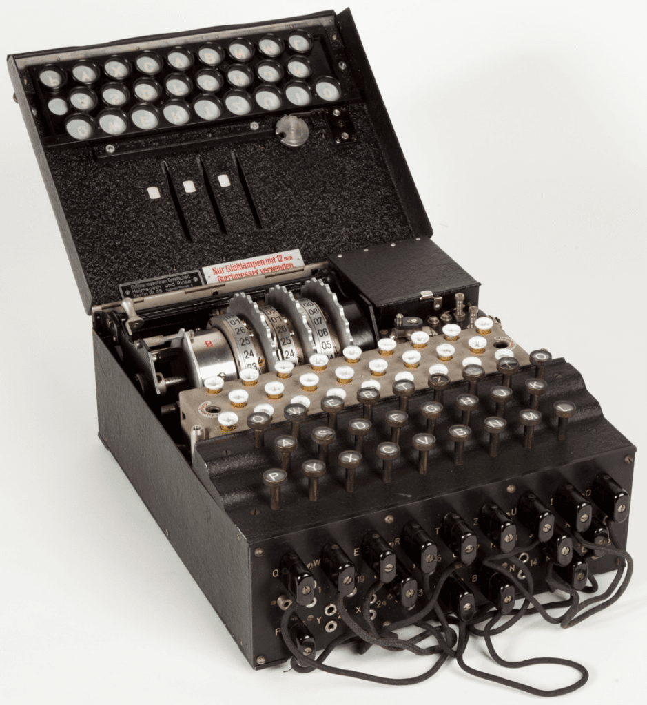 Diagram of the Enigma machine showcasing its rotors and plugboard, key to who invented the Enigma code