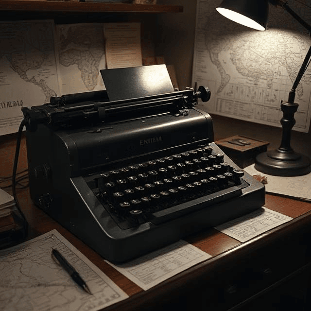 Enigma machine on a wartime desk with maps, revealing secrets of who invented the Enigma code.