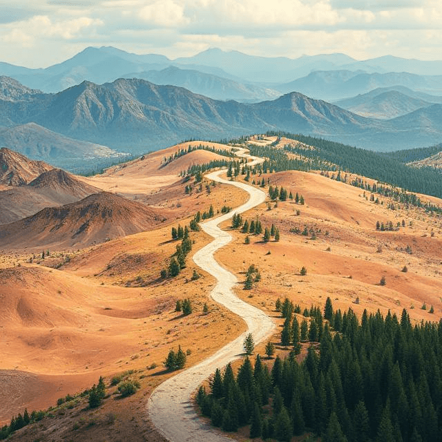 A winding path through varied landscapes representing common themes in all religions and the quest for meaning among world faiths.