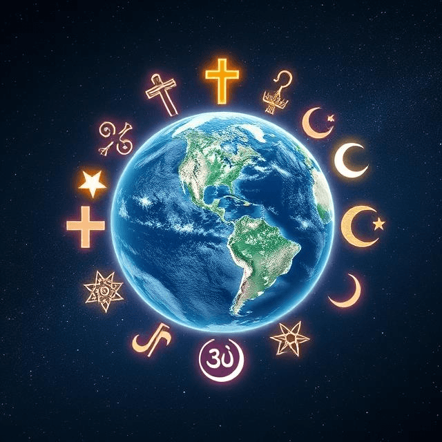 common themes in world religions: A globe with glowing symbols highlighting common themes in all religions and unity among world faiths.