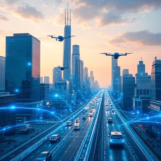 Futuristic city powered by 6G technology for ultra-fast connectivity wireless, linking vehicles and buildings