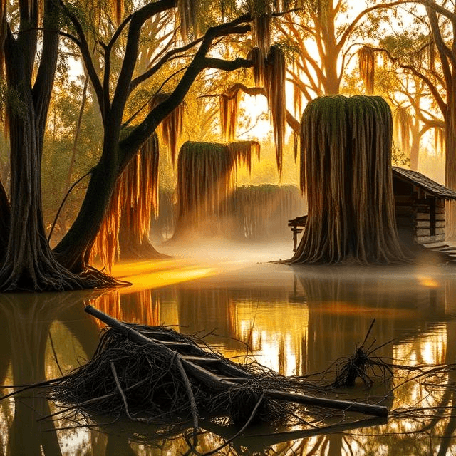 Misty Luxapalila Creek with a sunken cabin, hinting at the lost Alabama settlement and vanished colony mystery.