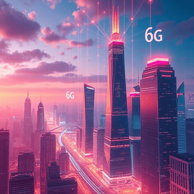 Futuristic city powered by 6G technology for ultra-fast connectivity, with signals linking buildings