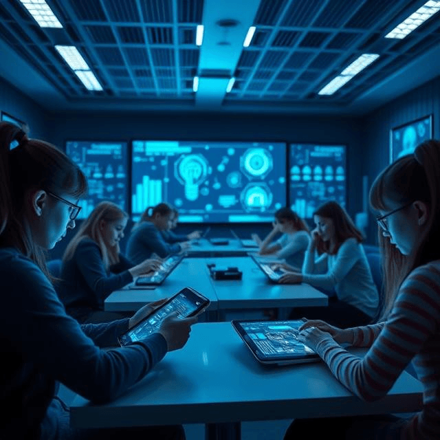 Futuristic classroom showcasing what is adaptive AI and AI-driven adaptive learning platforms in action