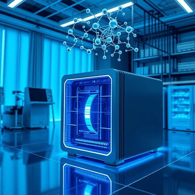 Quantum computing in drug discovery powers molecular simulations in a futuristic lab setting.