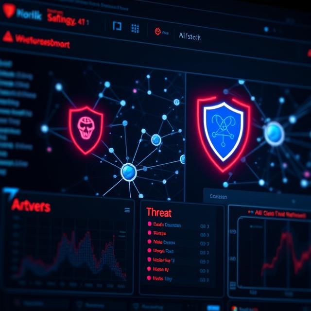 AI based threat detection systems and AI based intrusion detection systems visualized on a futuristic cybersecurity dashboard.