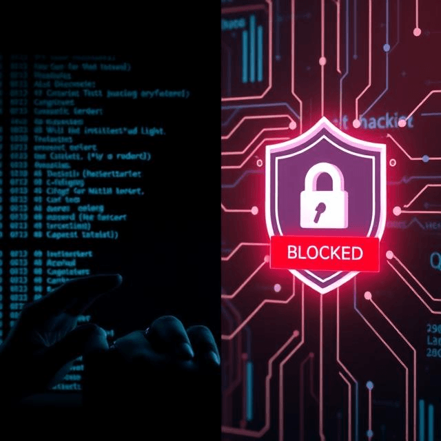AI based threat detection systems stopping a hacker’s attack, visualized in a split-screen graphic with AI-based intrusion detection systems in action.